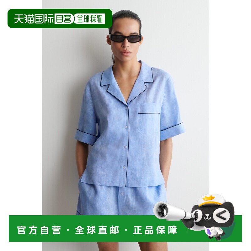 自营欧洲直邮COS 女士天蓝色亚麻撞色饰边度假衬衫短袖女装图片