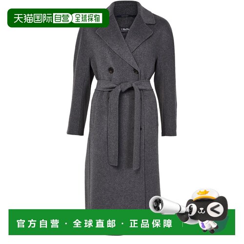 自营欧洲直邮S MAX MARA 女士深灰色羊毛装饰纽扣长款系带大衣