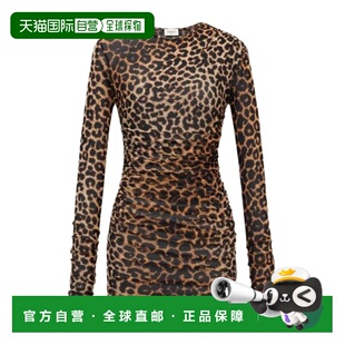 香港直邮Saint Laurent 豹纹薄纱平纹针织褶皱迷你连衣裙 781869Y