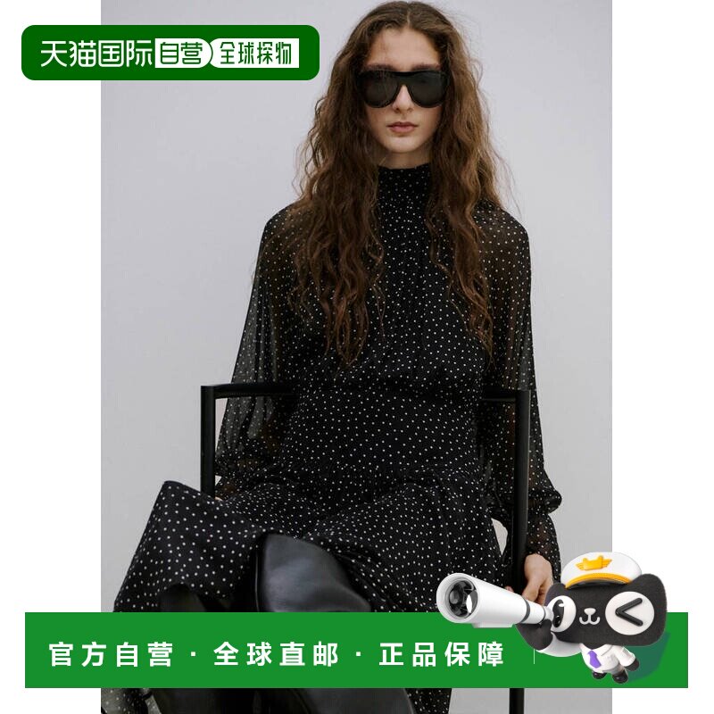 自营欧洲直邮MANGO 女士黑色聚酯纤维波点泡泡袖长款连衣裙图片