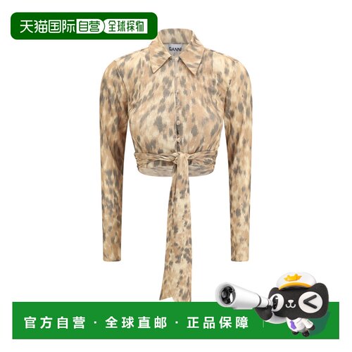 1h可退 香港直邮GANNI 甘尼 女士 印花灰色网纱打结领罩衫衬衫 A1