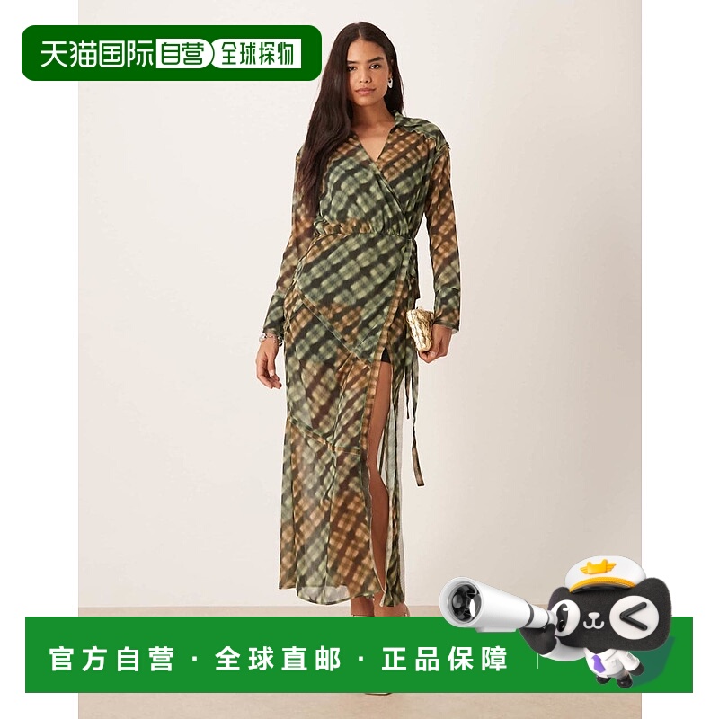 1h可退 香港直邮ASOS 女士 设计长袖裹式裙摆绿色格纹中长连衣裙