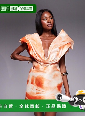 1h可退 香港直邮ASOS 女士 设计结构感深V迷你橙色抽象印花连衣裙