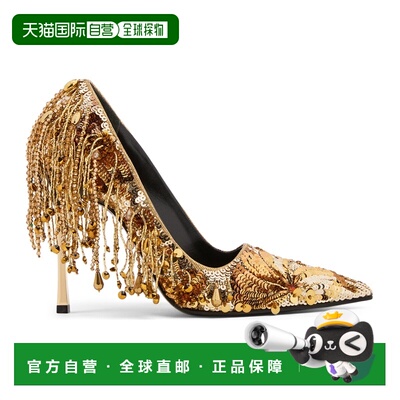自营欧洲直邮GUCCI古驰 Bombshell女士金色金属感丝缎刺绣高跟鞋