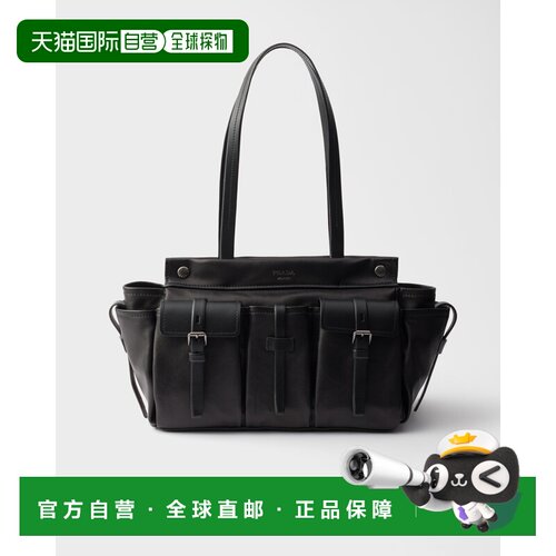 自营欧洲直邮PRADA普拉达 Route女士黑色皮革大号托特包单肩包