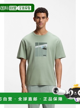 自营欧洲直邮Hugo Boss 男士灰绿色棉艺术图案短袖T恤