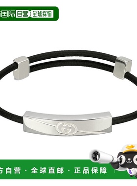 自营GUCCI/古驰 23新款男士黑色皮革斜纹互扣式双G银925手链