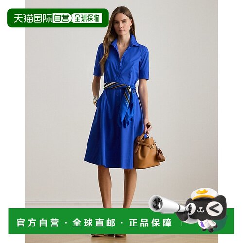 自营欧洲直邮Ralph Lauren拉夫劳伦 女士皇家蓝混棉系带衬衫连衣