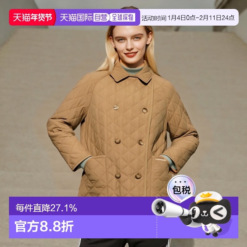 【自营】欧洲直邮BURBERRY博柏利女士棕色Logo标贴翻领双排扣棉服,女装/女士精品,棉衣/棉服,淘宝优惠券,粉丝福利购,淘宝优惠卷