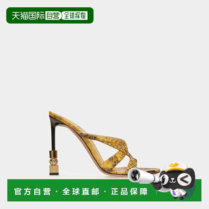 自营欧洲直邮Bally巴利 女士黄色蟒蛇纹印花皮革粗跟穆勒凉鞋
