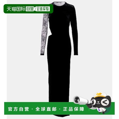 1h可退 香港直邮Self-Portrait 女士 剪口蕾丝边天鹅绒长款连衣裙