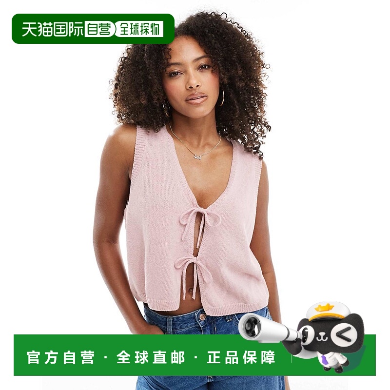 1h可退 香港直邮ASOS 女士 设计V领针织蝴蝶结前襟绑带粉色背心上