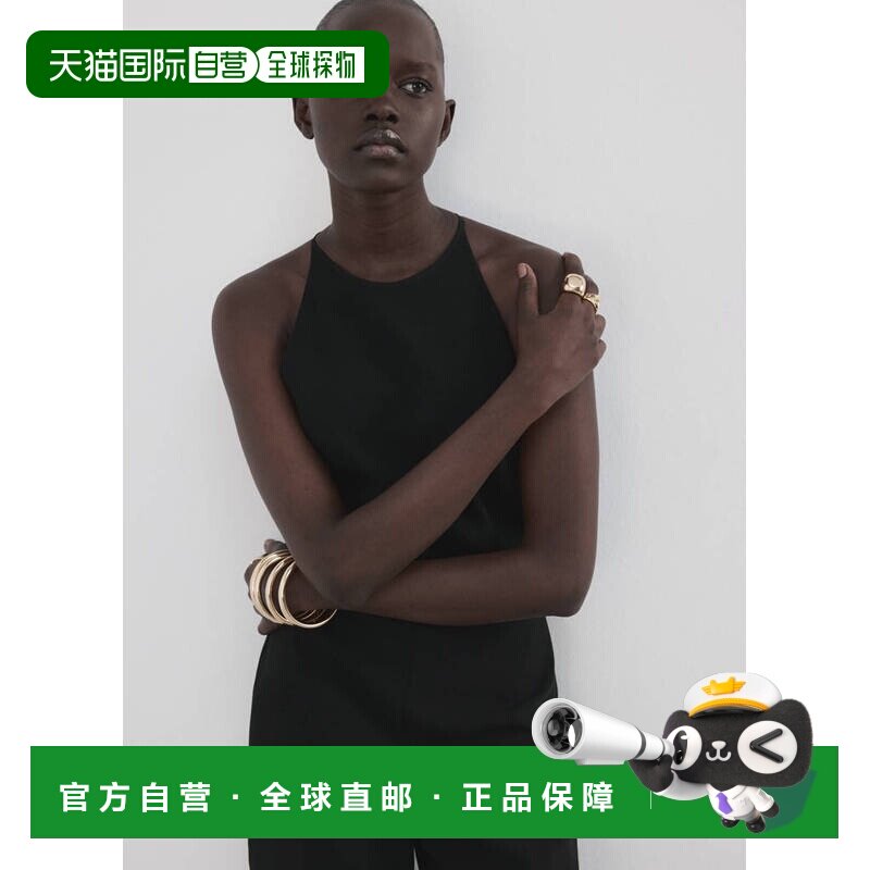 自营欧洲直邮MANGO 女士黑色聚酯纤维美式露背吊带领连体裤