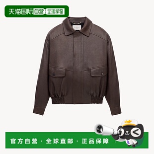 自营欧洲直邮YSL圣罗兰 女士乌贼墨棕色羔羊皮拉链闭合飞行员夹克