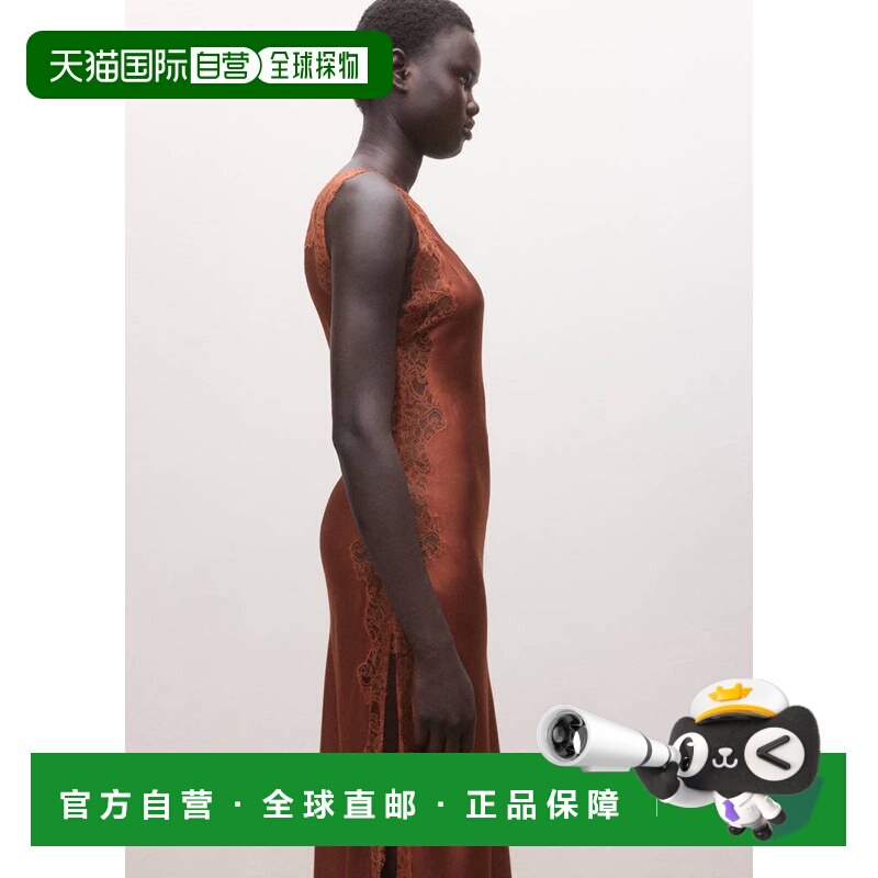 自营欧洲直邮MANGO 女士焦橙色粘胶纤维缎面不对称蕾丝长款连衣裙图片
