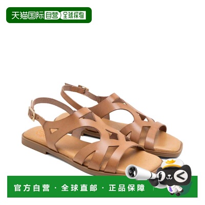 欧洲直邮BILLY 西班牙手工真皮几何纹双扣平底凉鞋 棕褐色