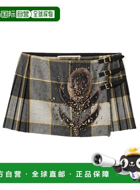 香港直邮Miu Miu 刺绣格纹迷你羊毛裙 MG236116FFSOOO