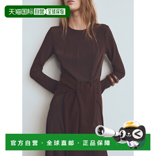 自营欧洲直邮Mango芒果 女士巧克力色喇叭形连衣裙 带褶裥
