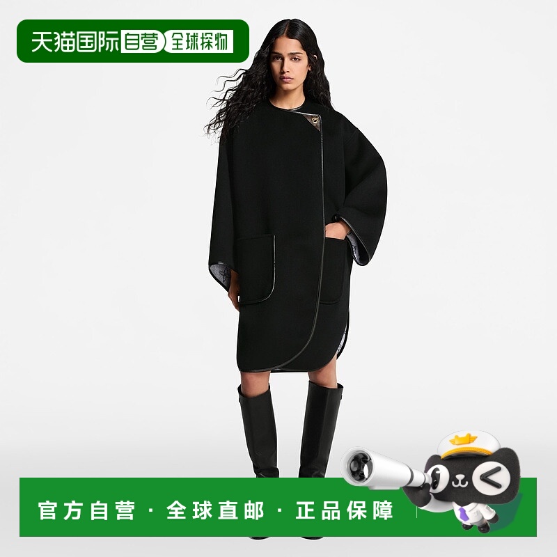 自营欧洲直邮LV路易威登 女士黑色羊毛不对称前襟大衣