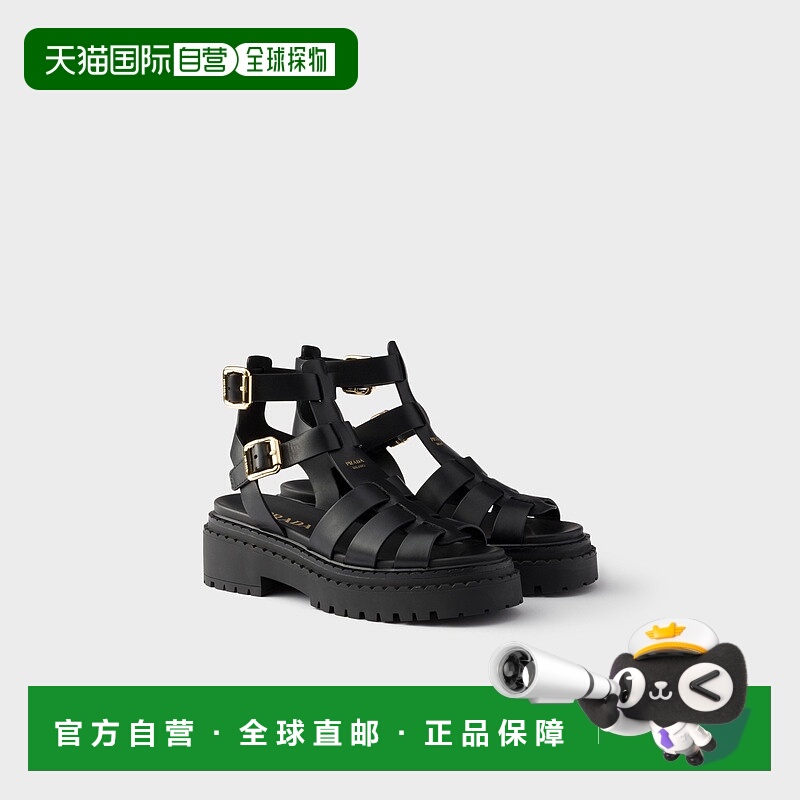 自营欧洲直邮Prada普拉达 女士黑色小牛皮丝印徽标凉鞋