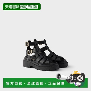 自营欧洲直邮Prada普拉达 女士黑色小牛皮丝印徽标凉鞋