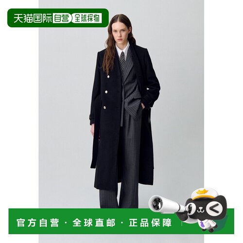 自营欧洲直邮Claudie Pierlot 女士黑色羊毛系带长款连衣裙大衣