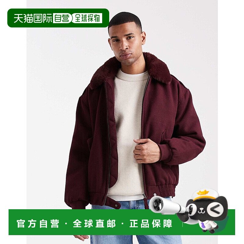1h可退 香港直邮ASOS 男士 look 设计羊毛人造毛领酒红色短夹克