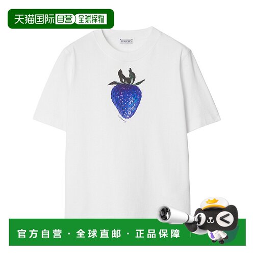 自营欧洲直邮BURBERRY/博柏利 女士白色棉质蓝色草莓印花短袖T恤