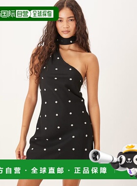 香港直邮ASOS 女士 设计雪纺围巾领迷你波尔卡圆点连衣裙(黑色)
