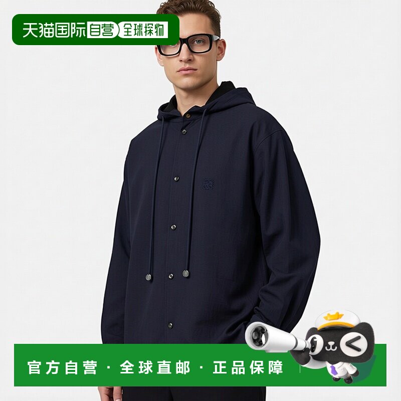 自营欧洲直邮Loewe罗意威 男士海军蓝/黑色棉麻混纺连帽衬衫短袖