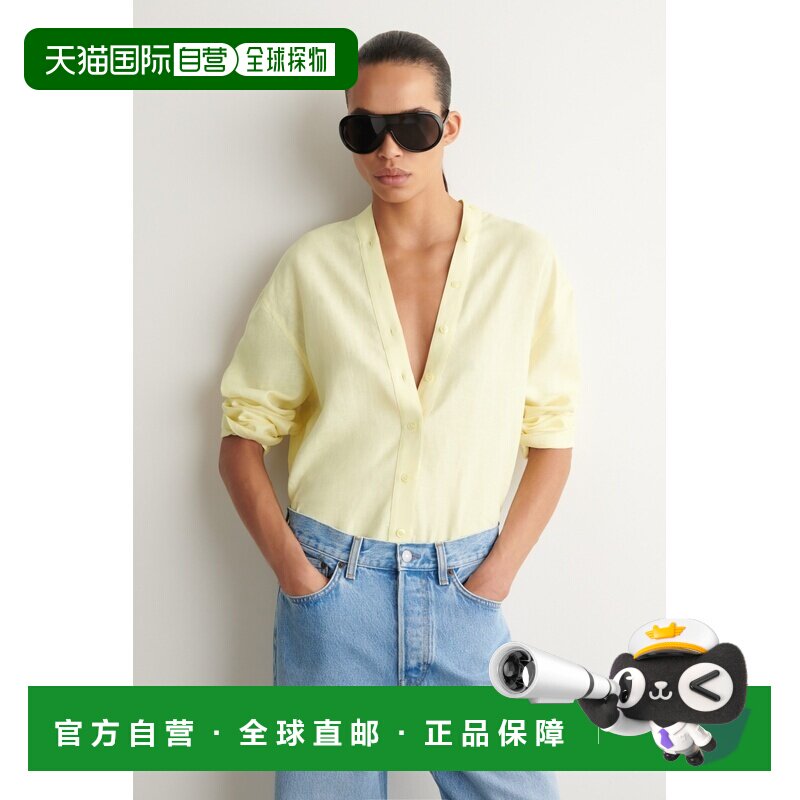 自营欧洲直邮COS 女士黄色莱赛尔亚麻混纺V领纽扣通勤衬衫图片