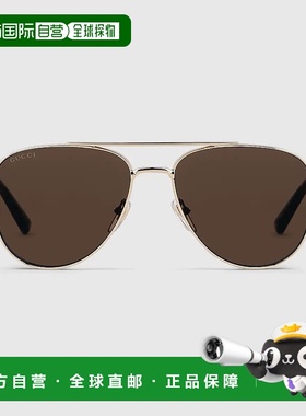 自营欧洲直邮Gucci/古驰 男士浅金色金属logo标识金属牌织带太阳