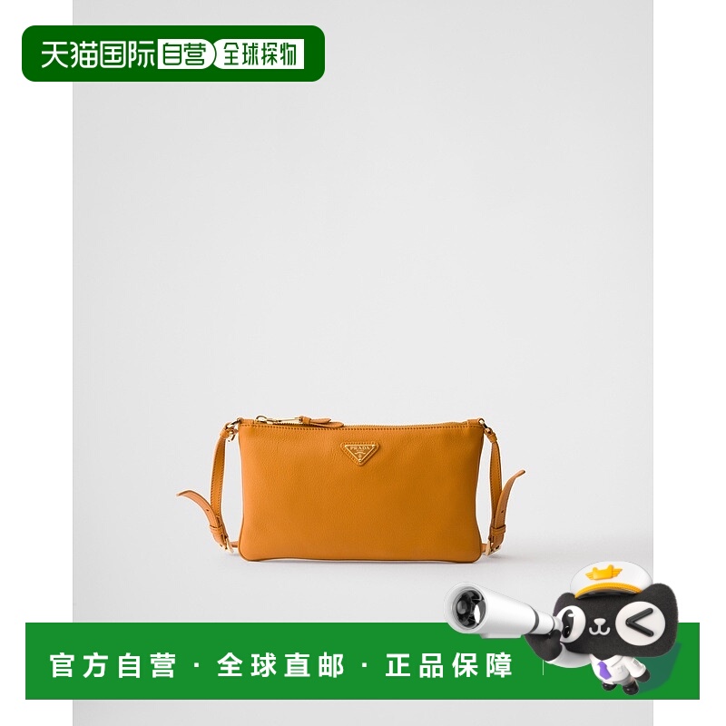 自营欧洲直邮Prada普拉达 女士琥珀色小牛皮金属三角标识拉链开合