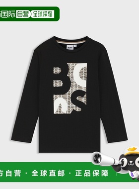 欧洲直邮Hugo Boss 4-14岁儿童黑色棉logo标识长袖T恤