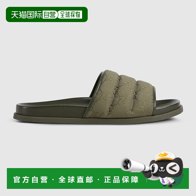 自营欧洲直邮Gucci/古驰 男士深绿色帆布绗缝双G穆勒鞋拖鞋凉鞋