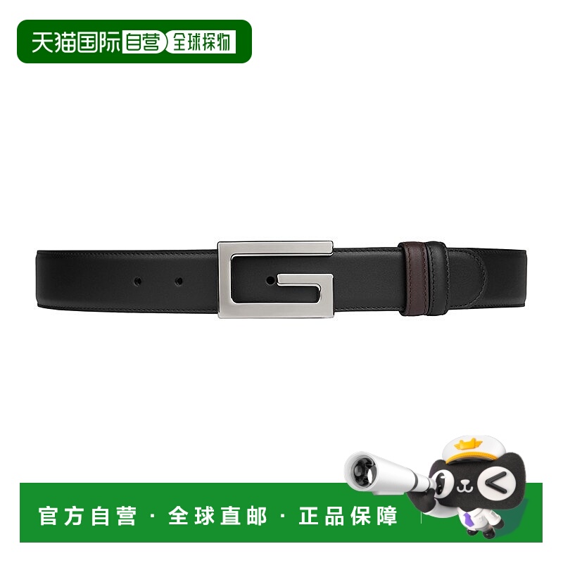 自营Gucci/古驰男士皮革黑咖色简约时尚方形G扣双面皮带腰带