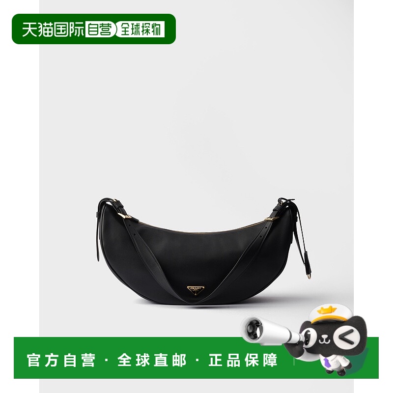 自营欧洲直邮Prada普拉达 女士黑色小牛皮金属三角标识拉链开合大