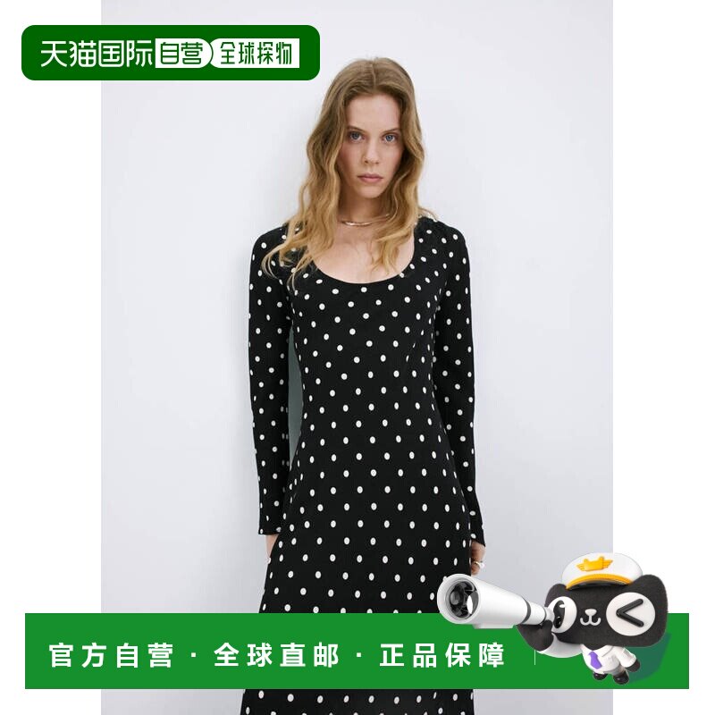 自营欧洲直邮MANGO 女士黑色粘胶纤维波点长袖连衣裙图片