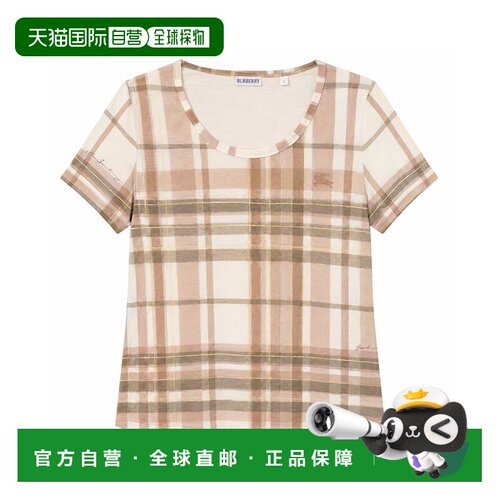 自营欧洲直邮Burberry博柏利 女士棕色格纹圆领短袖T恤