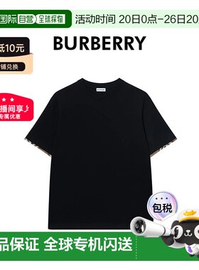自营Burberry博柏利 男士黑色棉质罗纹领口休闲短袖T恤