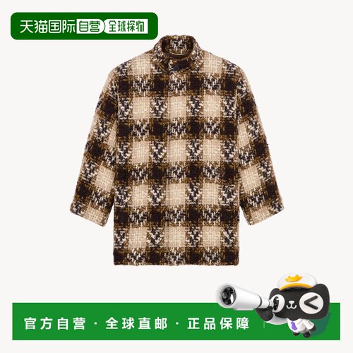 自营欧洲直邮YSL圣罗兰 女士黑色/棕色/米色格纹粗花呢短款大衣
