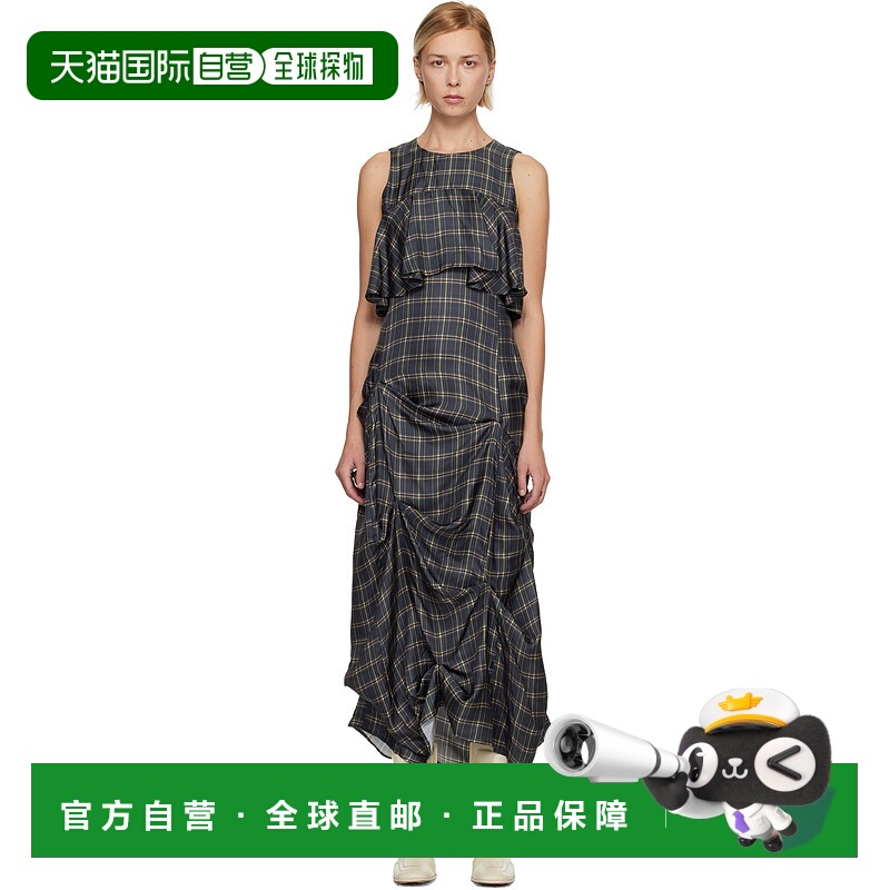 香港直邮GANNI 甘尼 女士 海军蓝 Check Ruffle 连衣裙 W1014