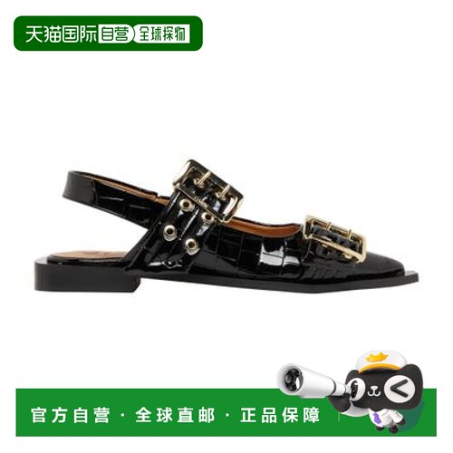 自营欧洲直邮GANNI 搭扣 naplack 皮革芭蕾平底鞋正品品牌休闲百