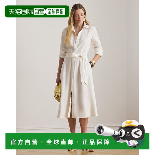 自营欧洲直邮Ralph Lauren拉夫劳伦 女士白色亚麻系带衬衫式连衣