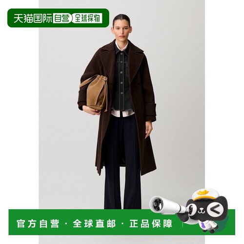 自营欧洲直邮Claudie Pierlot 女士棕色羊毛混纺长款系带大衣