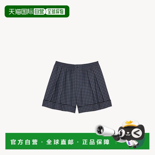 自营欧洲直邮YSL圣罗兰 女士海军蓝真丝缎面方格图案睡衣短裤