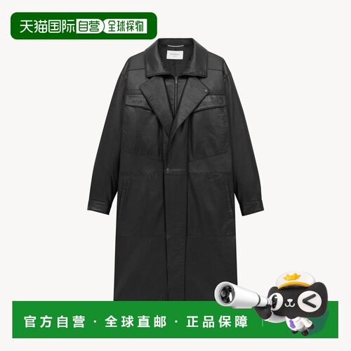 自营欧洲直邮YSL圣罗兰 男士黑色小羊皮拉链款长款大衣男装