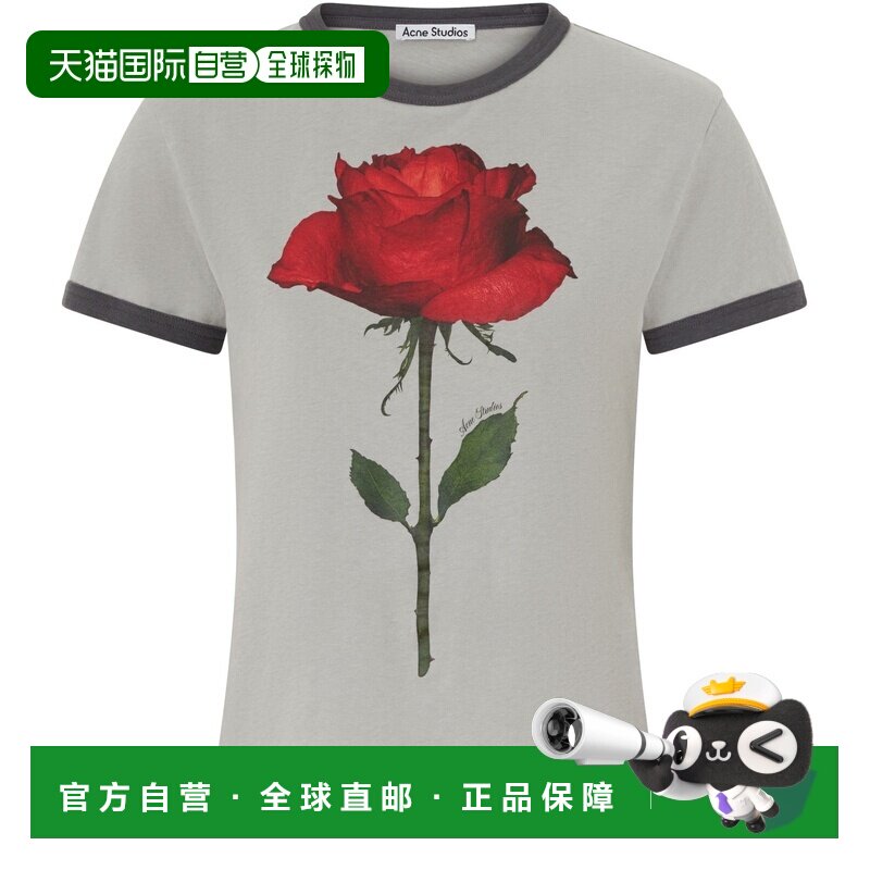 自营欧洲直邮ACNE STUDIOS 女士灰色/红色棉麻花卉印花短袖T恤图片