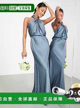 1h可退 香港直邮ASOS 女士 Bridesmaid 设计缎面褶皱挂脖蓝色长款