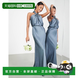 设计缎面褶皱挂脖蓝色长款 1h可退 Bridesmaid 女士 香港直邮ASOS
